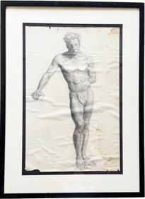 Nicely Framed Antique Early 20th Century Nude Male Graphite Drawing On Paper