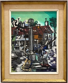20th c Expressionist Cityscape Street Scene With Artist Plein Air Oil On Board Signed Illegibly