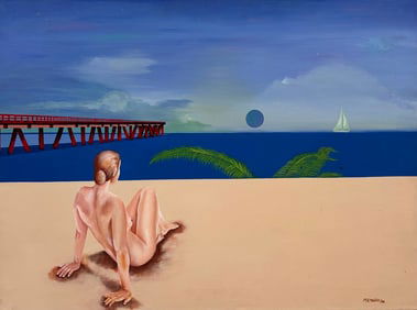 Latin American Modernist Nude Beach Oil Painting Signed Oil On Canvas