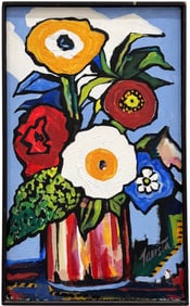 American Modernist Still Life Of Flowers Signed Acrylic Painting