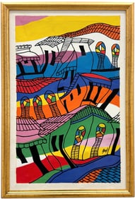 Colorful Latin American Village Abstract Signed Painting