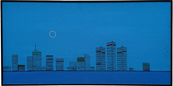 Vintage 1980's Modern Blue Minimalist Signed Cityscape Painting