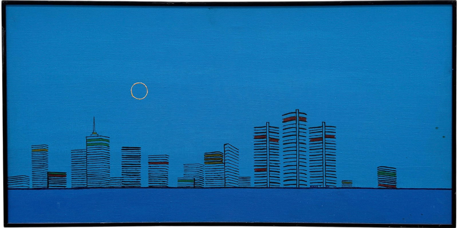 Vintage 1980's Modern Blue Minimalist Signed Cityscape Painting: Acrylic on canvas 30 x 15 in. Domestic Flat Shipping Price: $65