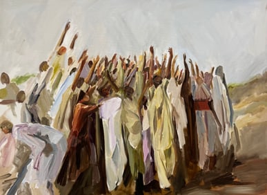 Modernist Crowd Of Figures, Biblical Scene Acrylic On Canvas Painting