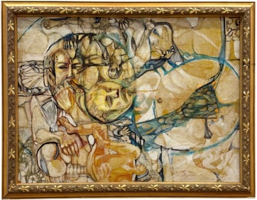 Large Vintage Abstract With Figures Painting Unknown Artist