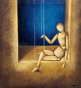 Modernist Surrealist Marionette Scene Signed Oil Painting On Canvas