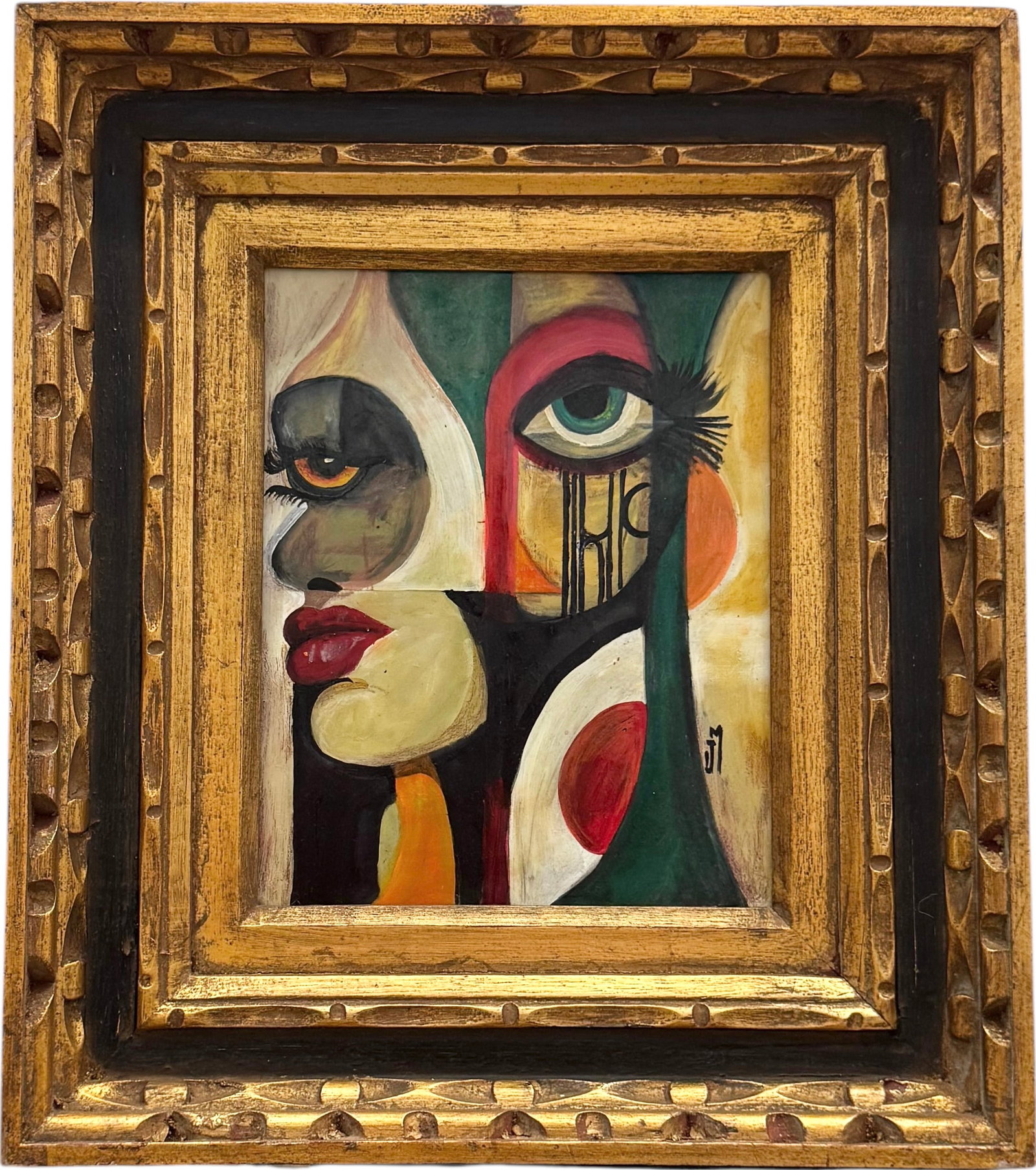 Nicely Framed Modernist Abstract Monogramed Oil Painting: Oil on board 10 x 18 in, 16.5 x 14.5 in (framed). Domestic Flat Shipping Price: $55