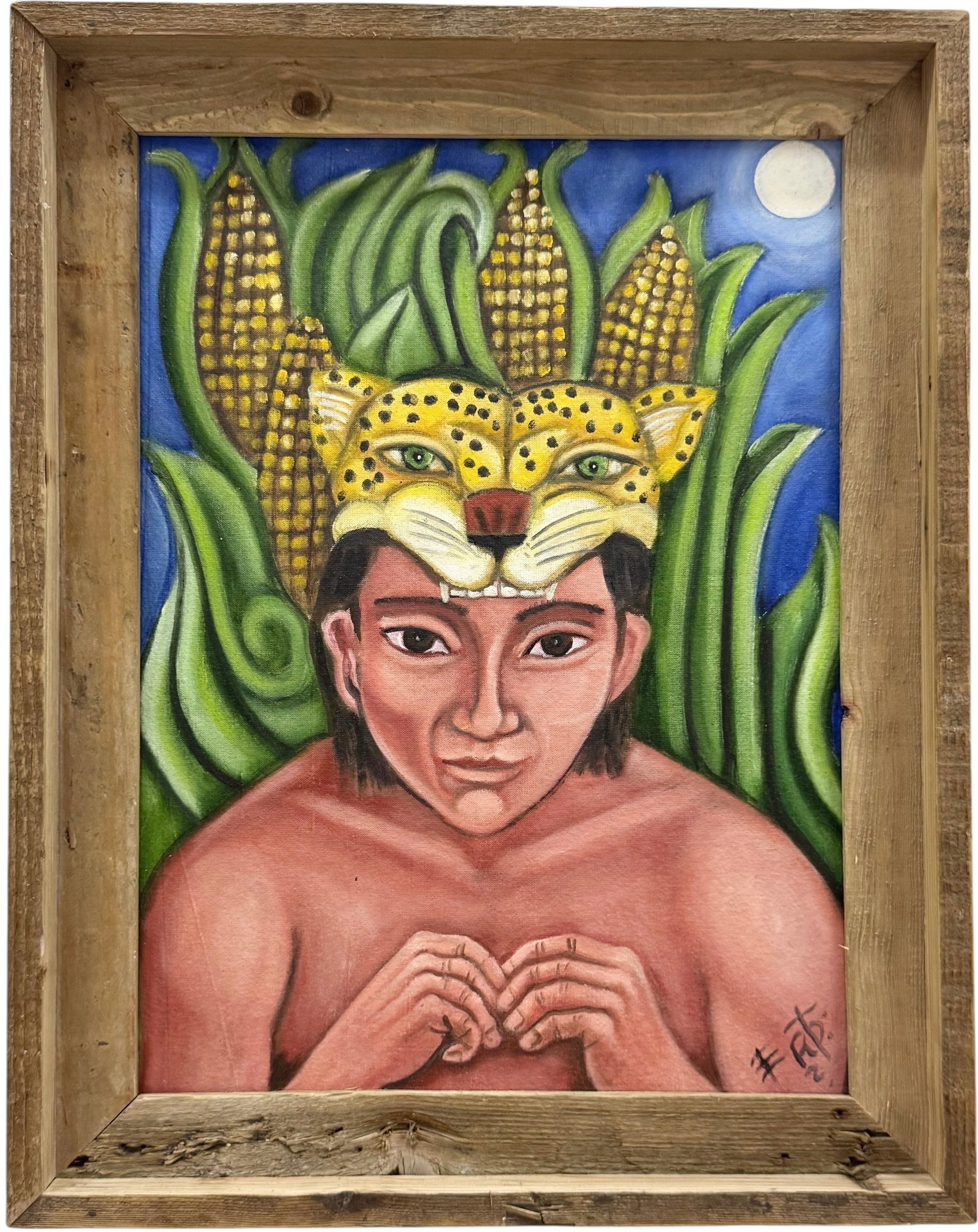 Mexican Mayan Portrait Signed Oil Painting: Oil on board 16 x 12 in, 19 x 15 ini (framed). Domestic Flat Shipping Price: $55