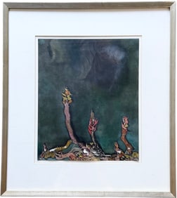 Nicely Framed 1980's Surrealist Mixed Media Landscape Painting Signed