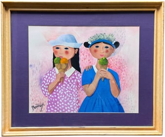 Modernist Mixed Media Painting Of Two Girls Having Ice Creams Signed Bonnet