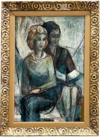 Mid-Century American School Double Portrait Of Two Women Signed Painting Great Frame