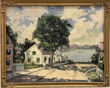 American Rockport School Impressionist Cape Cod Harbor Scene Signed Oil Painting