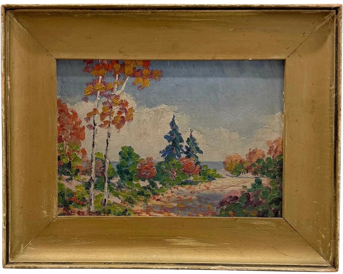 EM SEAGER (20th c, American) North Shore Lake Superior, Minneapolis Impressionist: Oil 6.5 x 5 in, 9.5 x 7.5 in (framed). Domestic Flat Shipping Price: $45