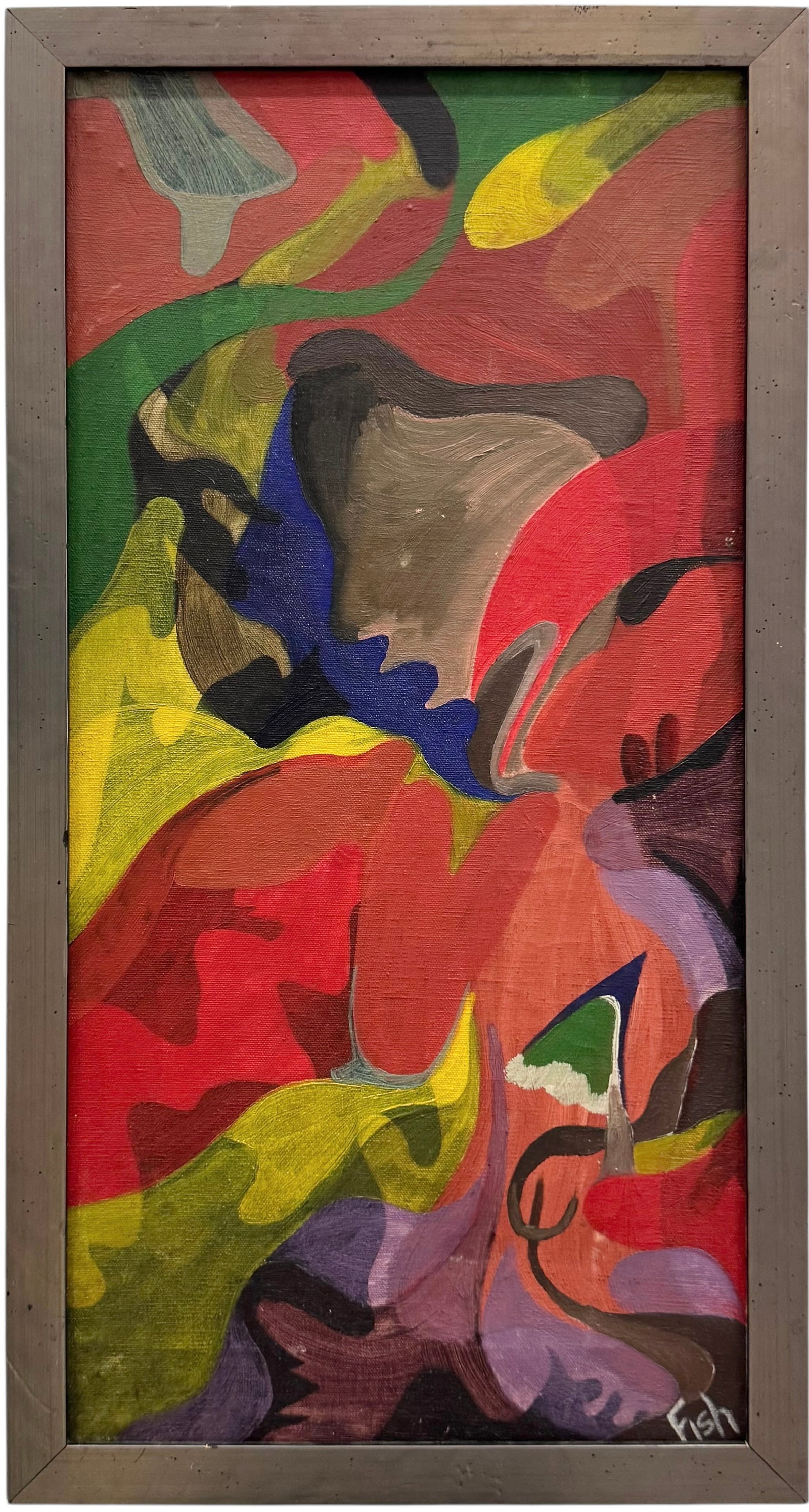 Mid-Century American Abstract Oil Painting Signed Fish: Oil on canvas 24 x 12 in. Domestic Flat Shipping Price: $55