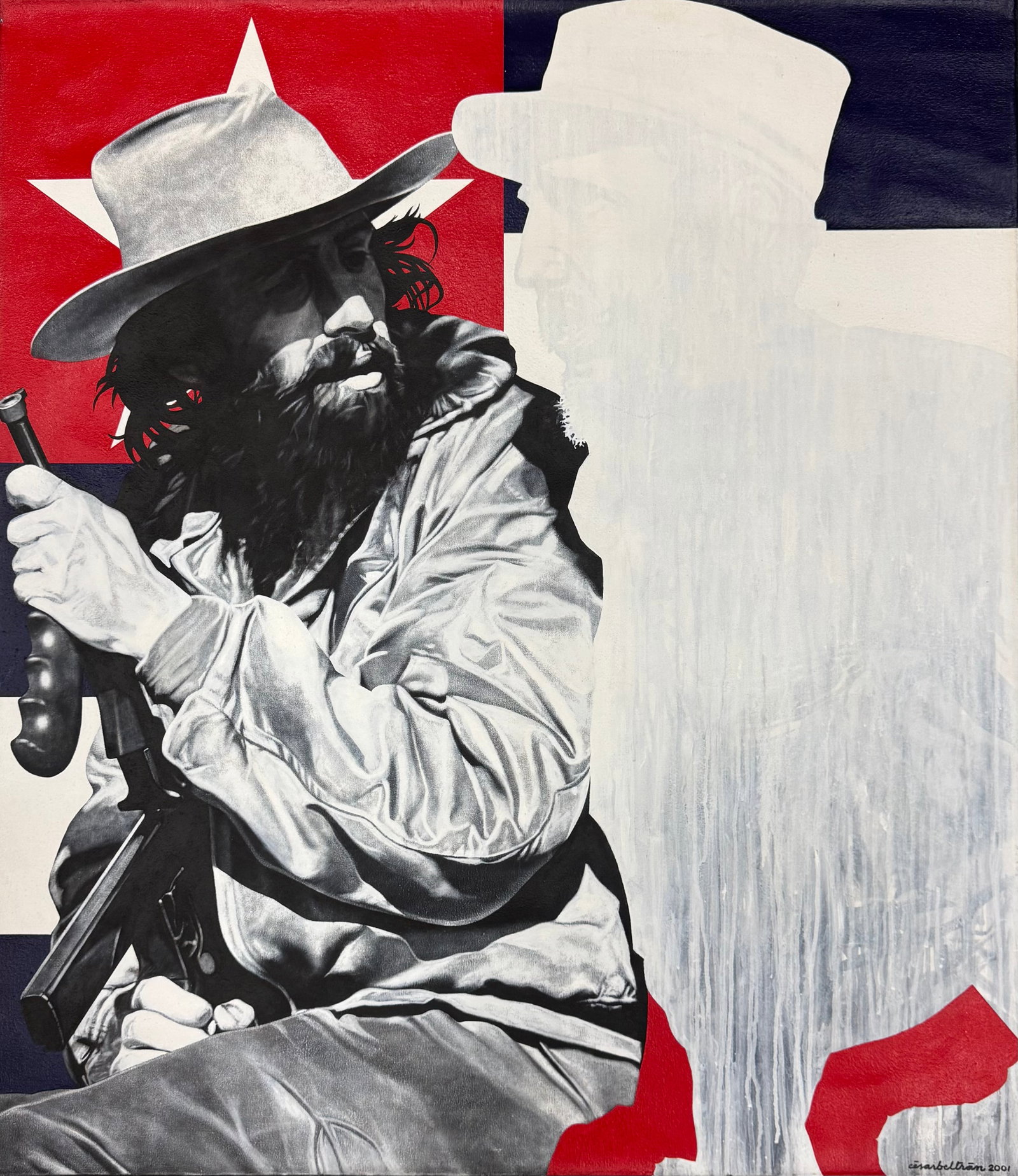 CESAR BELTRAN (20th c, Cuban) Revolution, Florida City Artist: Size 46 x 40.5 on un-stretched canvas. Domestic Flat Shipping Price: $65