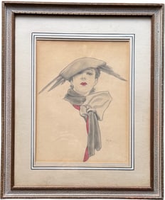 HM COOK Nicely Framed Circa 1930's Fashion Portrait Colored Graphite Drawing