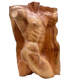 Male Nude Carved Wood Doubled Sided Sculpture