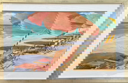 Kathleen Davis (20th c, American) Beach Day, Large Watercolor