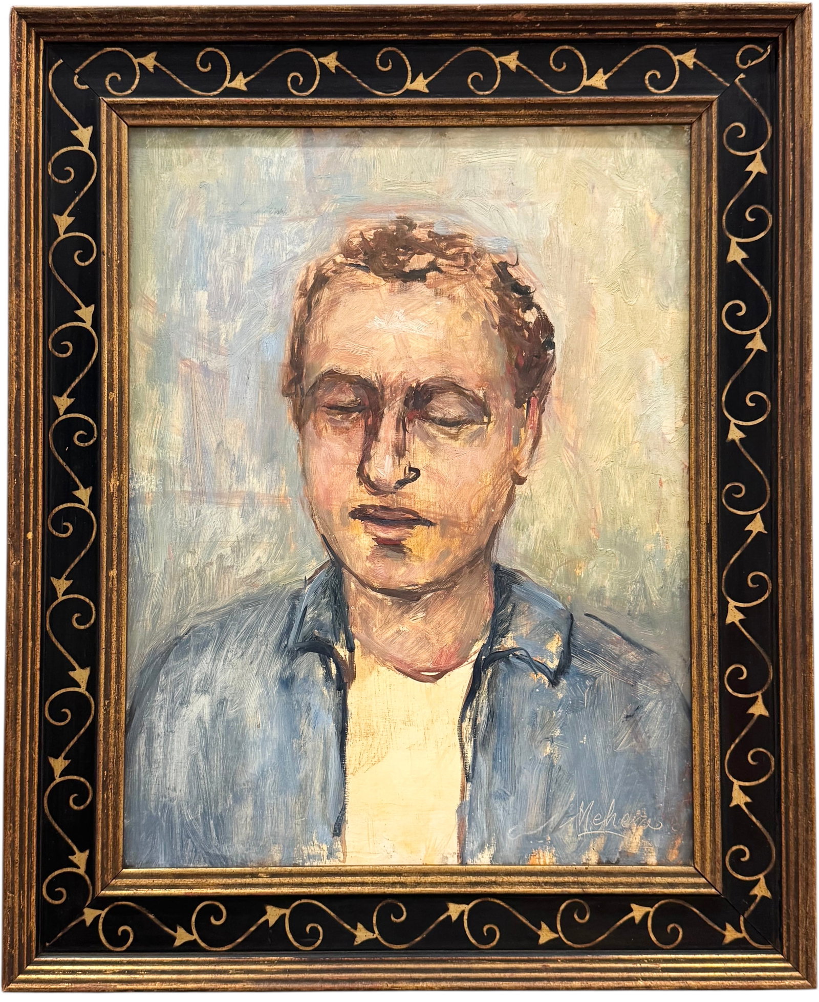 American Modernist Male Portrait Nicely Framed Signed Oil Painting: Oil on wood 18 x 14 in, 23 x 19 in (framed). Domestic Flat Shipping Price: $55