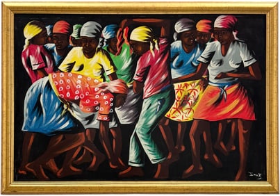 Haitian School Modernist Voodoo Dance Signed Painting