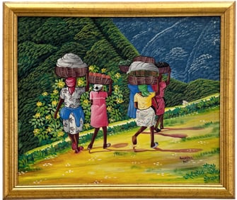 Haitian School Figures In Mountain Landscape Signed Lucken C Painting