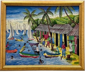 Haitian School Harbor Scene Signed Lucken C Oil Painting