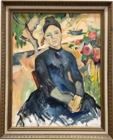 Modernist Portrait Of A Woman Seated In A Garden Landscape Oil On Canvas