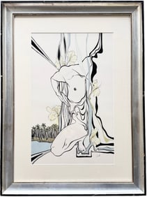 Nicely Framed 1980's Modernist ink Drawing Signed Illegibly