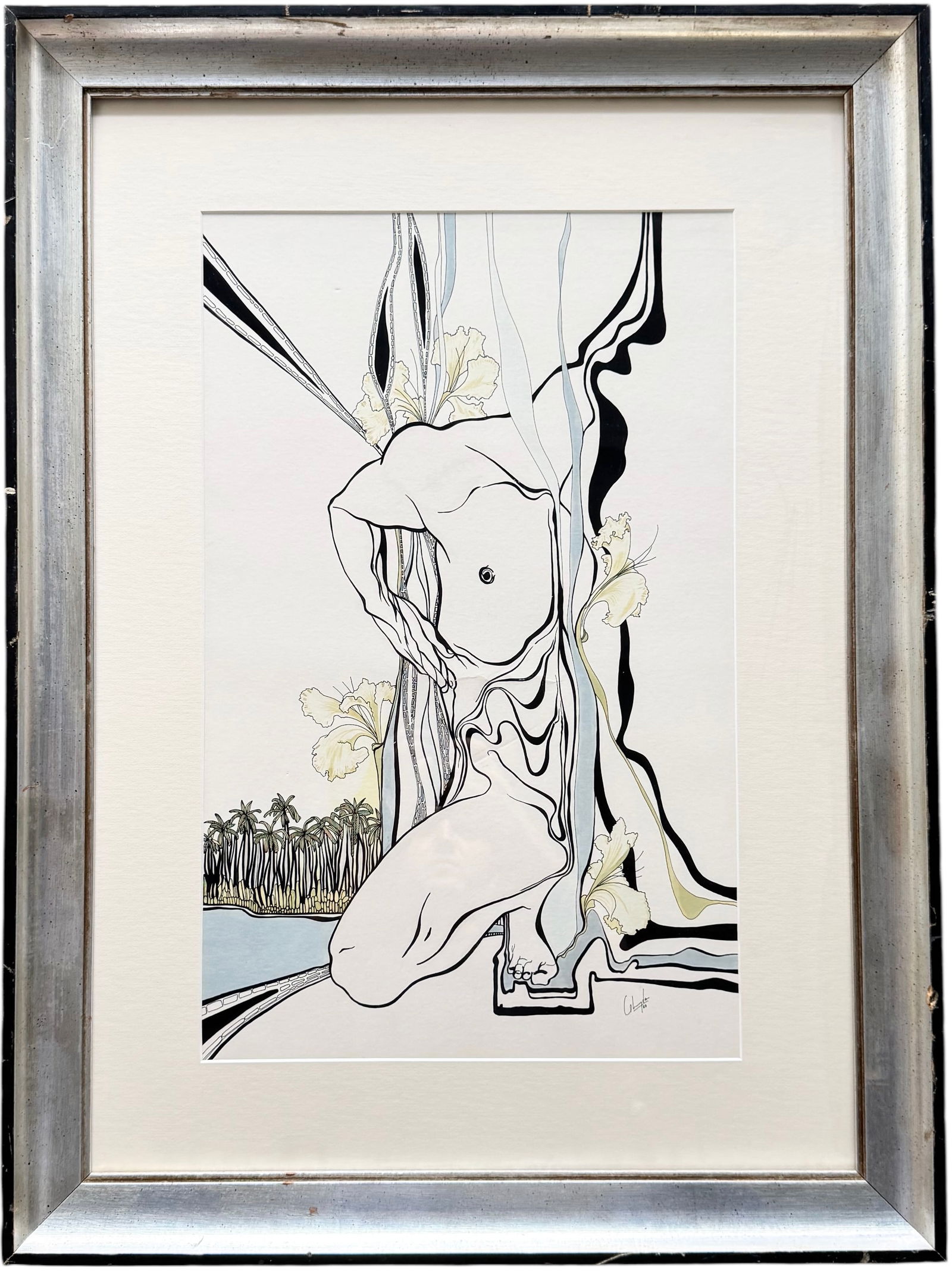 Nicely Framed 1980's Modernist ink Drawing Signed Illegibly (1 of 3)