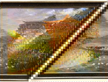 Southeast Asian Impressionist Landscape With Waterfall Signed Painting