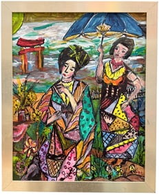 Colorful Asian Inspired Modernist Garden Scene Signed Painting