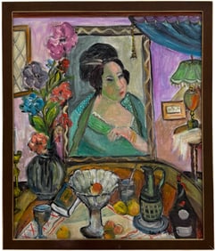 Modernist Asian Woman Interior Scene Signed Painting