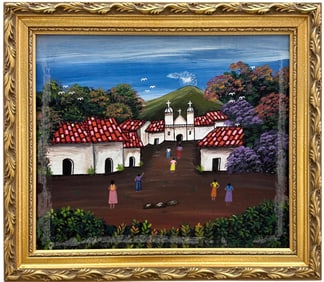 Nicaraguan Village Scene Signed Folk Art Oil Painting