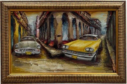 Cuban Street Scene With Vintage Cars Nicely Framed Oil Painting