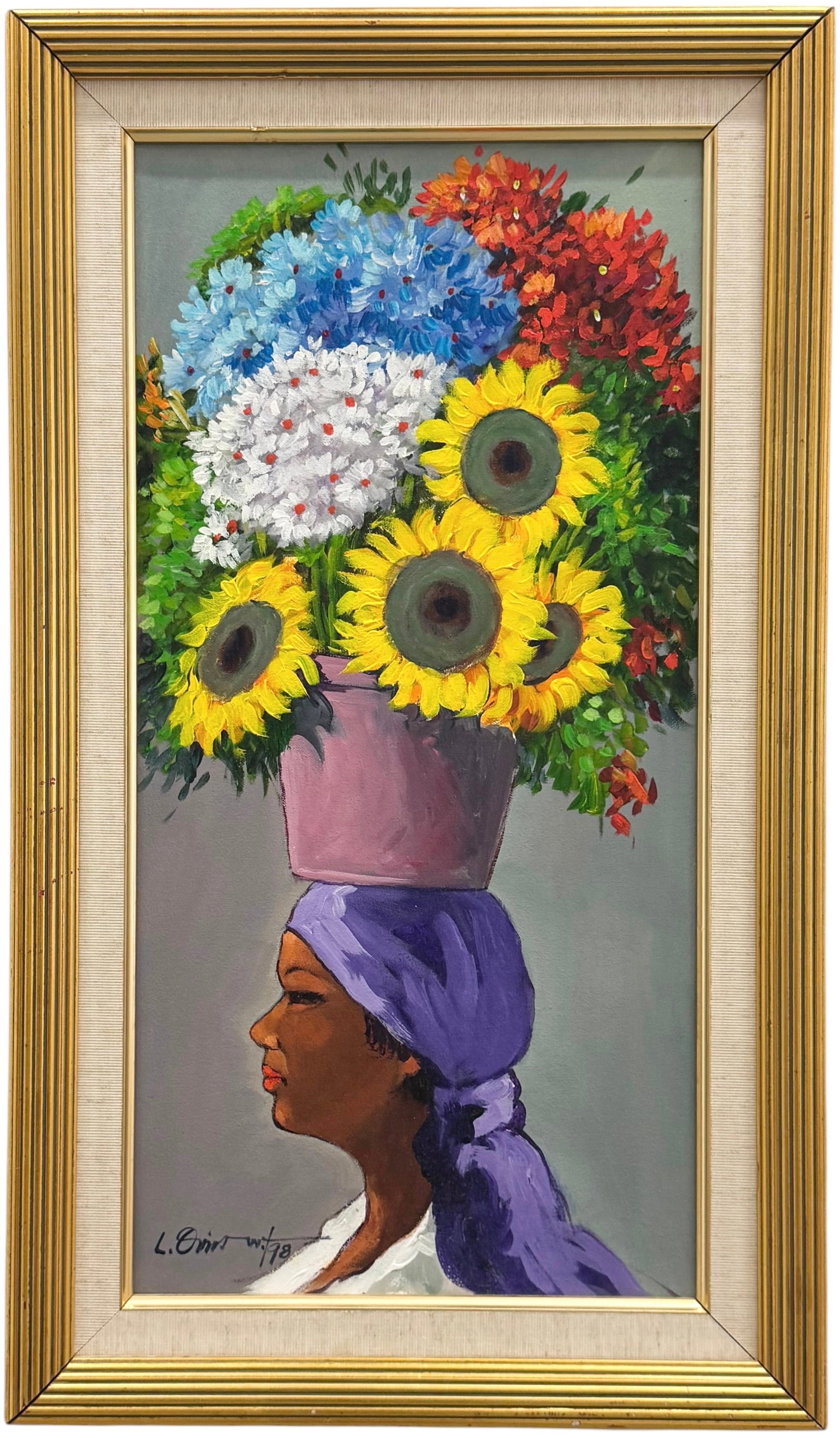 Luis Oviedo Weber (20th c. Dominican Republic): Oil on canvas 29 x 17 in (framed). Domestic Flat Shipping Price: $60