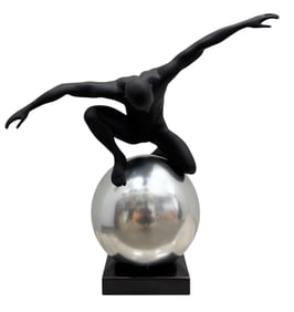 Contemporary Nude Male Figure Standing On Globe Sculpture