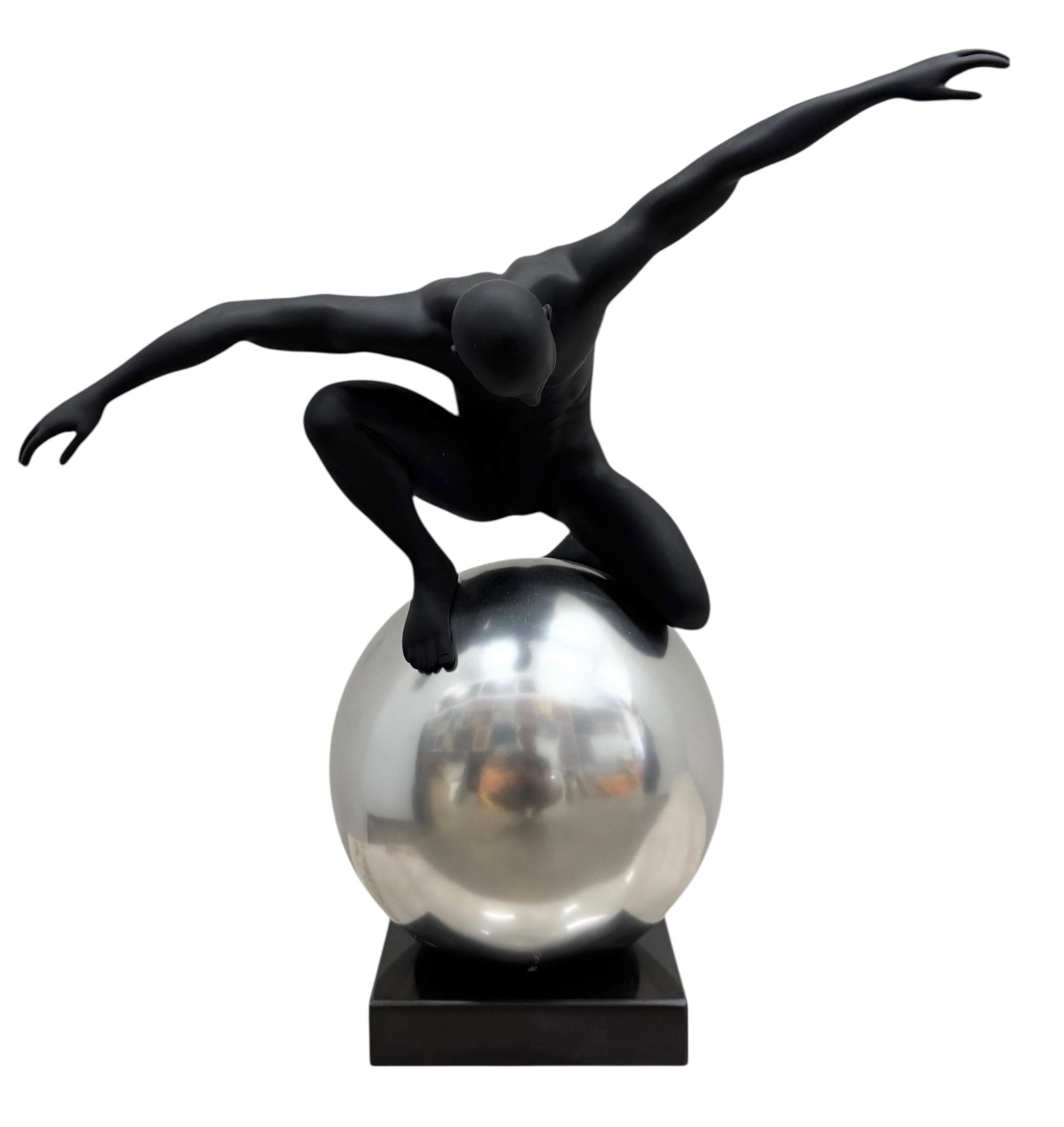 Contemporary Nude Male Figure Standing On Globe Sculpture: Mixed material 19 x 18 x 11 in. Domestic Flat Shipping Price: $85