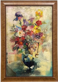 Mid-Century American Modernist Still Life Of Flowers Signed Oil Painting