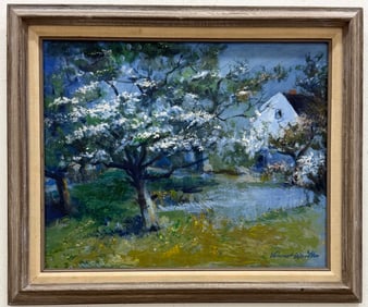 American School Landscape With House Signed Oil Painting On Board