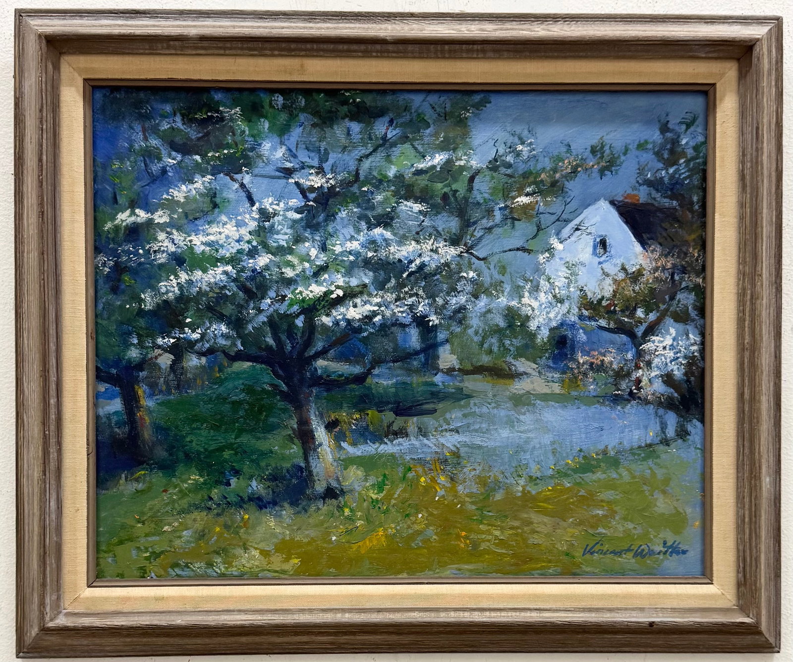 American School Landscape With House Signed Oil Painting On Board: 24 x 40 in (framed). Domestic Flat Shipping Price: $80
