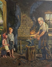 19th Century Oil Painting On Canvas Of A Metal Worker & Children