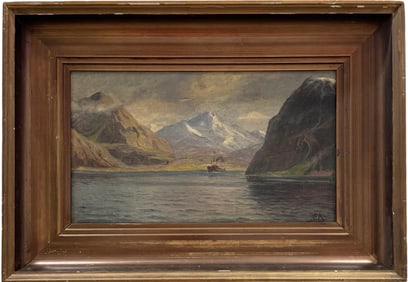 Northern European Fjords Lake Mountain Landscape With Boat Signed Oil Painting