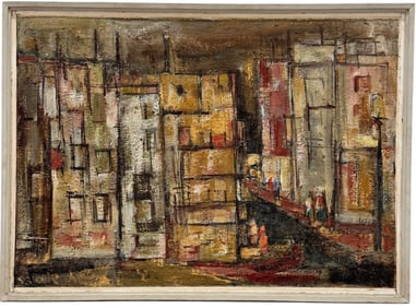 Israeli Modernist Cityscape Exhibited Tel Aviv Museum 1954 Labels Verso