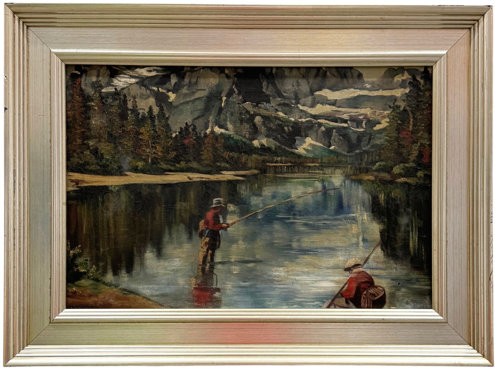 American West Snow Capped Rockies Mountain Landscape With Fishermen Oil Painting: Appears unsigned. Oil on canvas 24 x 16 in, 30.5 x 22.5 in (framed). Domestic Flat Shipping Price: $90