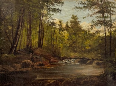 19th Century American School Forest Landscape With Stream Oil Painting On Canvas