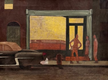 Early 20th Century American School Modernist Nocturnal Street Scene With Figures