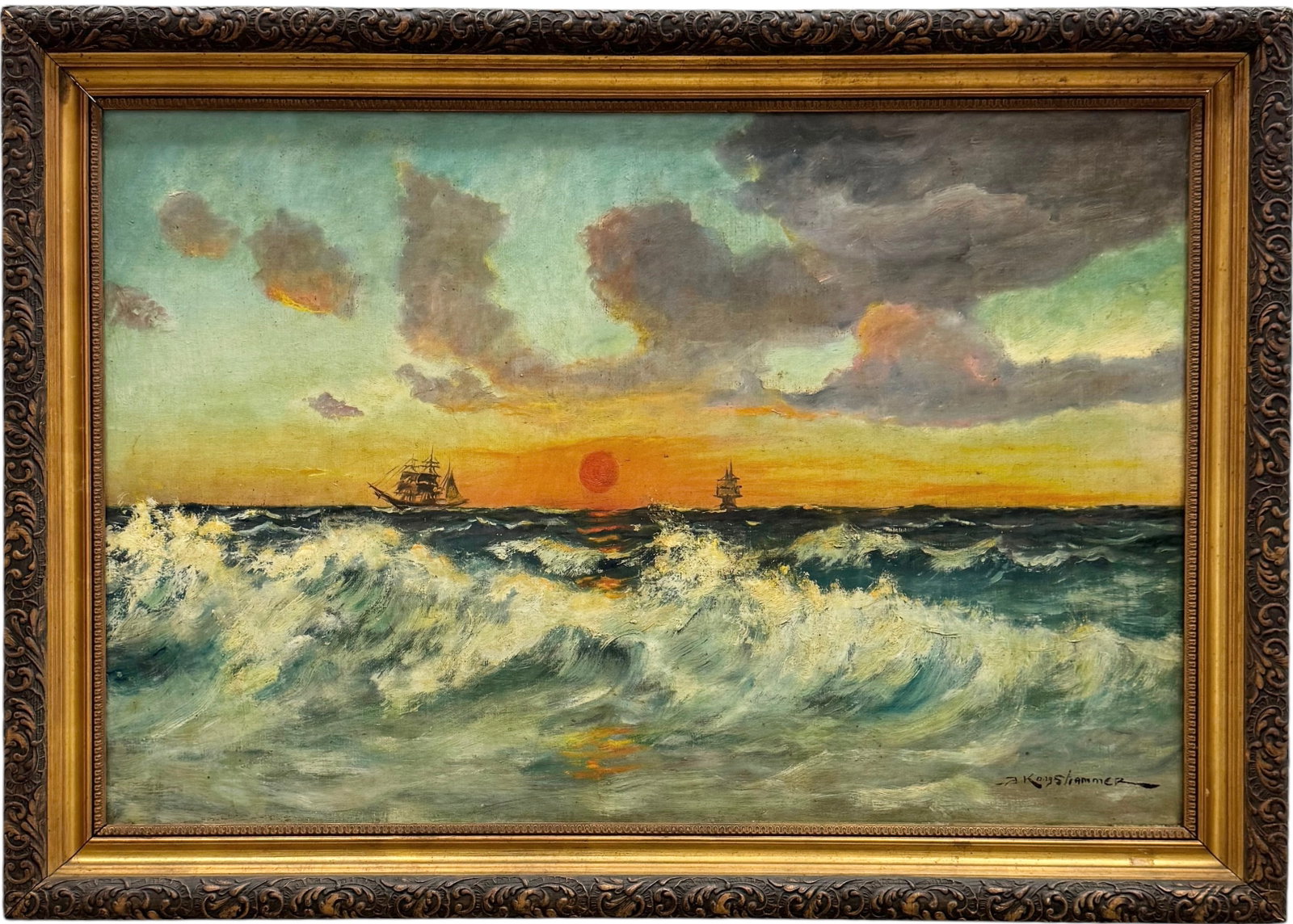 JENS KONGSHAMMER (1884-1974, Denmark) Large Seascape With Sunrise: Oil painting on canvas 38.5 x 25.5 in, 44 x 31.5 in (framed). Domestic Flat Shipping Price: $120