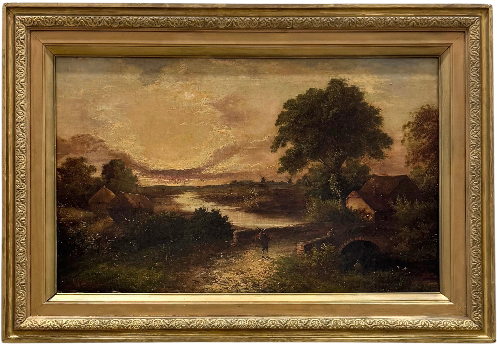 Circa19th Century European Dutch Landscape With Windmills Oil Painting On Canvas: Oil on canvas 28 x 18 in, 34.5 x 24 in (framed). Domestic Flat Shipping Price: $90