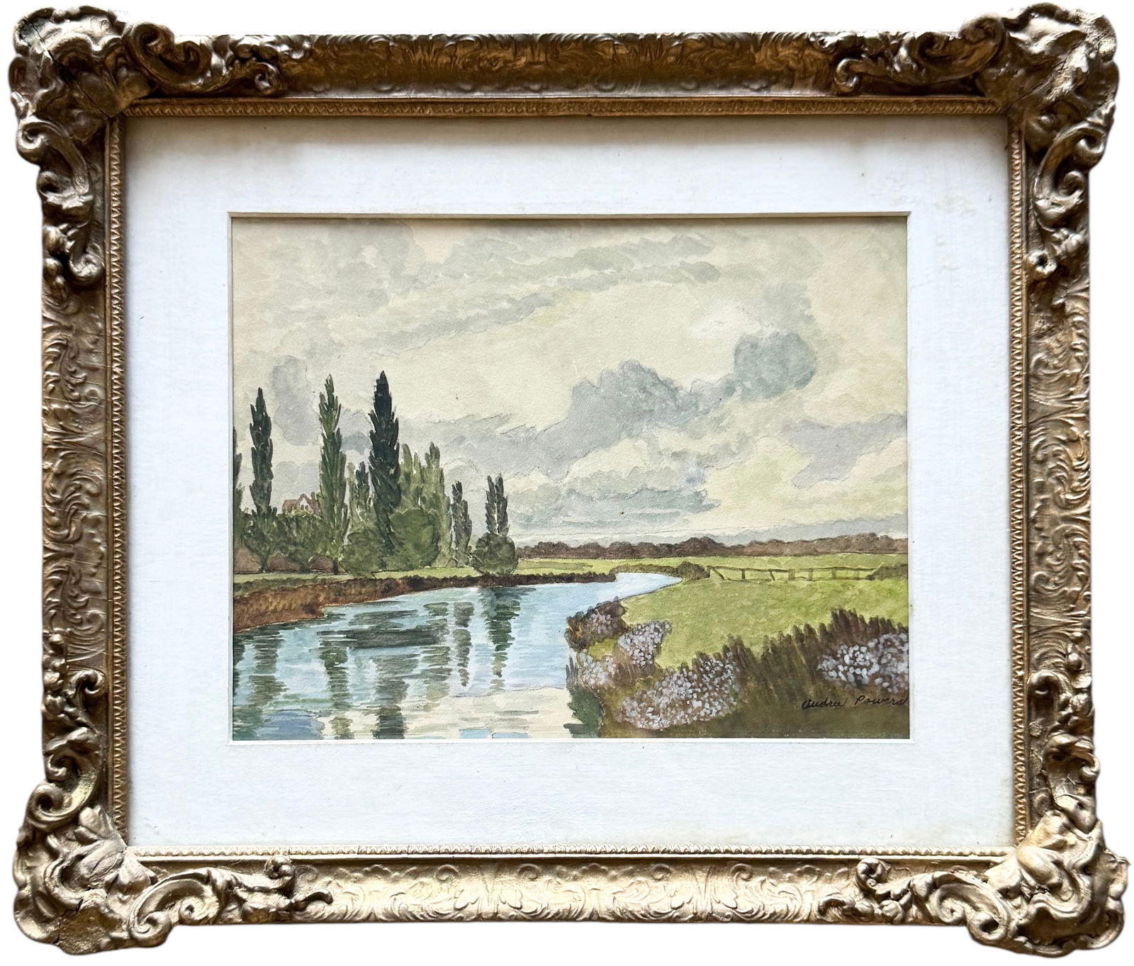 Thames Valley English Landscape With Stream Signed Watercolor Painting (1 of 3)