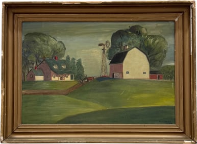 American Primitive Pennsylvania Rural Farm Landscape With Barn Signed Oil Painting